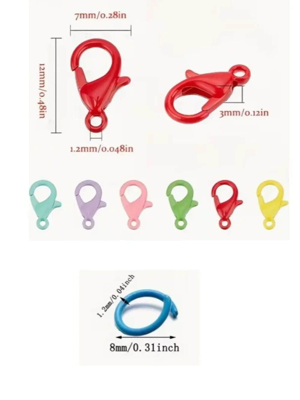 35 Colorful Lobster Clasps, Measuring 12X7Mm & 50  8mm Jump Rings
